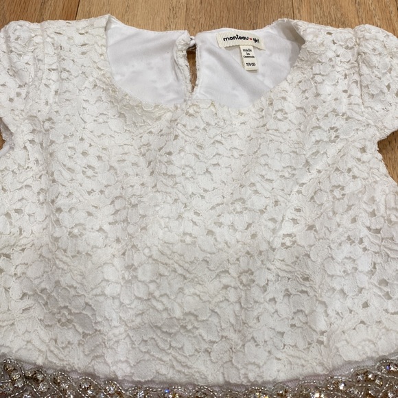 Monteau girl  white lace style dress w bow in back sz 7/8 girls sparkle belt - Picture 4 of 6